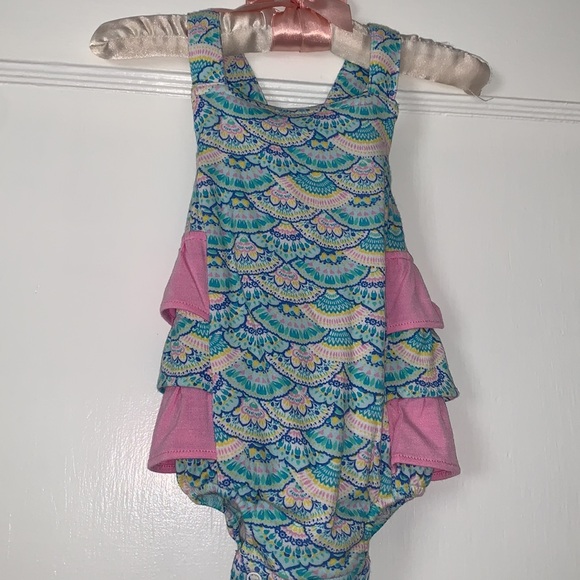 NWT Angel Dear Mermaid Scales Sunsuit Ruffled Romper 0-3M Pink Blue Bamboo - Picture 8 of 9